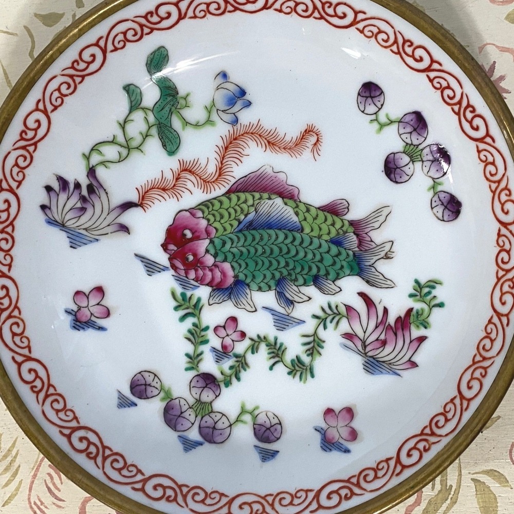 Vintage Horchow Japanese Porcelain Brass Encased Koi Bowl Hand Decorated HK MCM